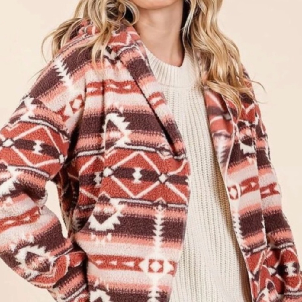 🟠NWT VERY J Boho Aztec Tribal Print Hooded Oversize Fleece Jacket